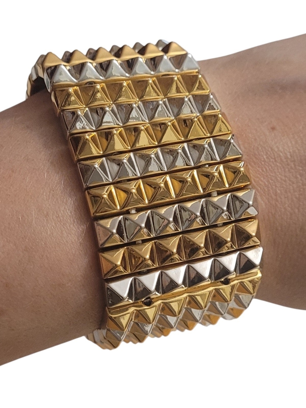 Two-Tone Gold & Silver Pyramid Stretch Bracelet